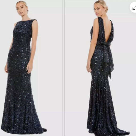 MAC DUGGAL 26331 COWL BACK BOATNECK SEQUINED MIDNIGHT NAVY GOWN sz 0